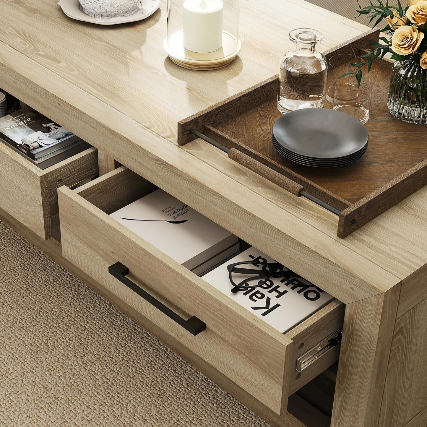 Hazel Coffee Table with 4 Storage Drawers and Open Shelf, Metal Handles, Rectangular Modern Luxury Table for Living Room