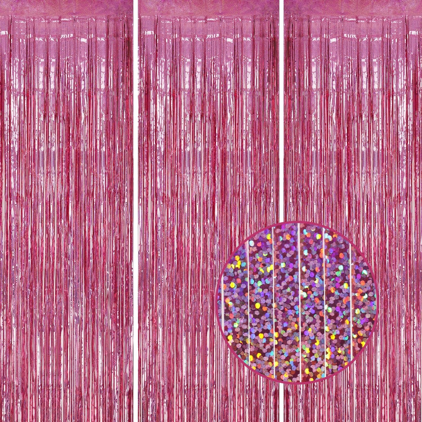 3 Pack Foil Fringe Backdrop - Laser Pink Shiny Tinsel Curtains for Party Decoration/Photo Booth Props - 3.3x8.2 FT Metallic Foil Backdrop for Birthday, Wedding, Graduation, Christmas.