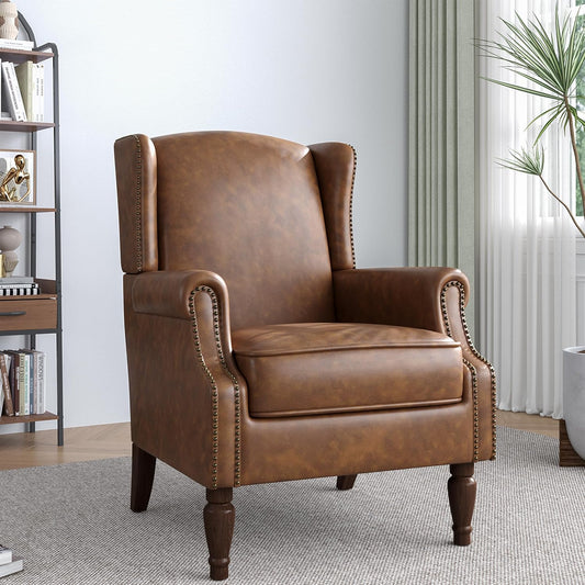 Accent Chair, Faux Leather High Back Armchair or Living Room, Comfy Upholstered Single Sofa Reading Chair with Solid Wood Legs for Office, Bedroom, Waiting Room-Brown