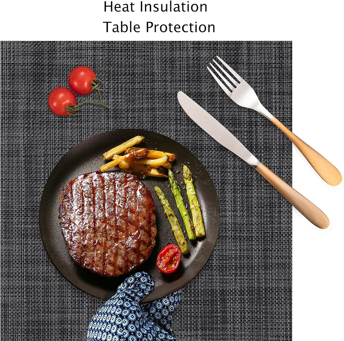 Myir JUN Placemats Set of 6, Vinyl Woven Placemats Place Mats Indoor Washable Table Mats Non-Slip Place mats for Dining Table (Dark Gray-Black, Set of 6)