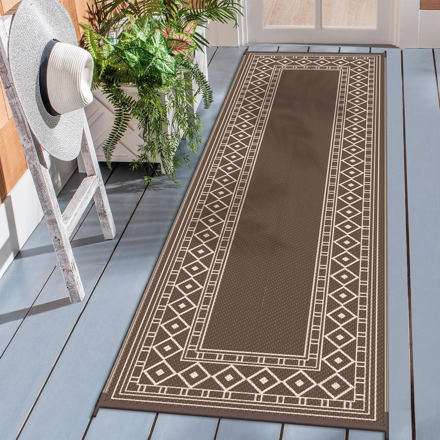 GENIMO Outdoor Rug Waterproof for Patio Decor, 2.5'x8' Foldable Reversible Plastic Straw Runner Rugs Carpet for Porch, Outside Area Mat for Rv, Deck, Picnic, Camper, Balcony, Coffee & Beige