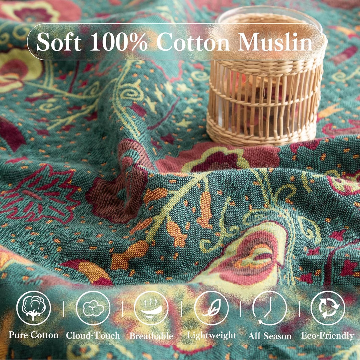 Boho Throw Blanket Twin Size, Soft Cozy Cotton Muslin Quilt Blanket for Bed Decor, Floral Patterned Couch Sofa Chair Cover, Vintage Farmhouse Cottage Tapestry Woven Blanket, Green&Orange