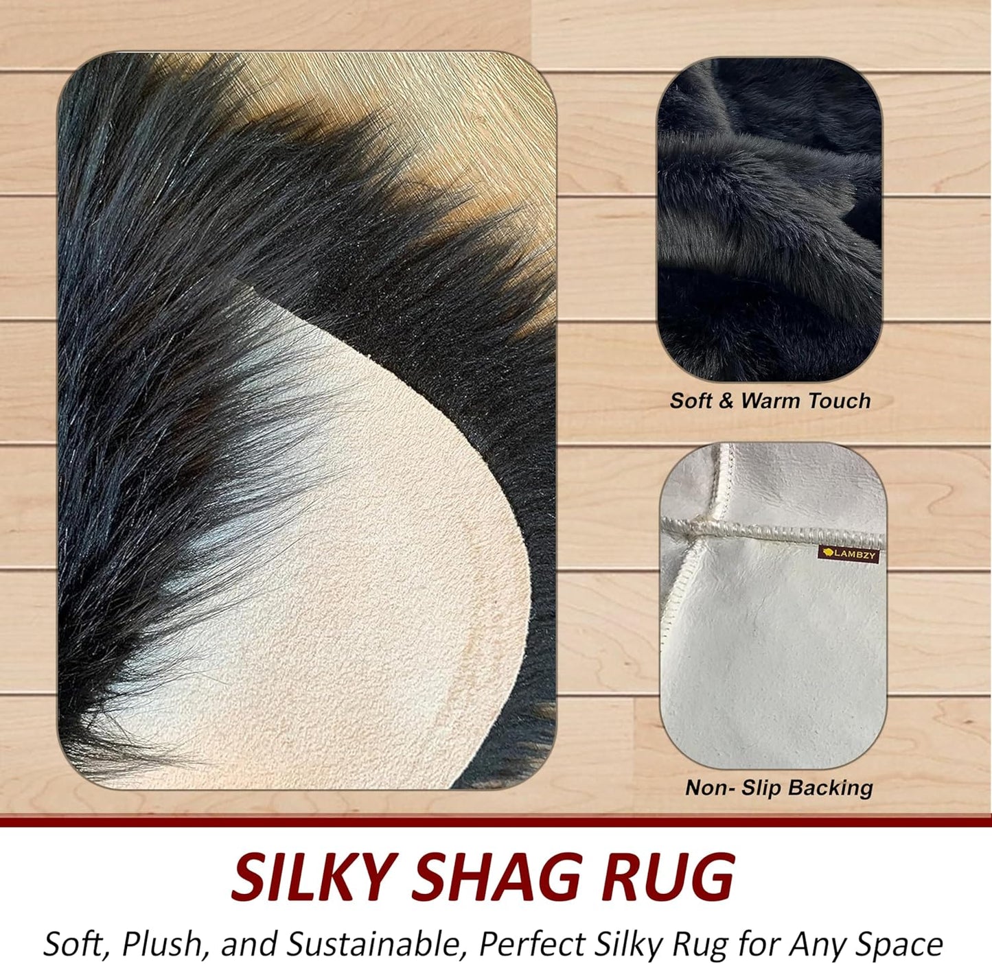 LAMBZY Faux Sheepskin Hypoallergenic Free Shape Silky Shag Rug, Luxury Shaggy Silky Plush Carpet for Bedrooms Rugs Living Room Kids Rooms Sofa Floor Rugs (Triple Side by Side 3'x6', Black)