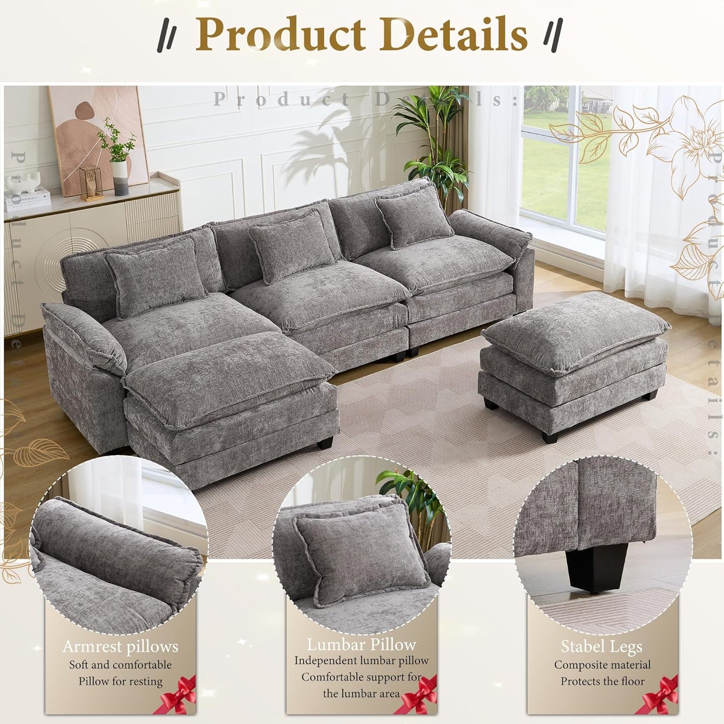 URRED Modular Sectional Sofa Comfy Cloud Couch, Modern Chenille Sofa Sleeper Deep Seat Couches with Ottoman/Pillows for Living Room (Gray, 117'' - U Shape)