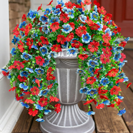 INSPRING Artificial Faux Hanging Flowers Plants for Spring Outdoor Outside Decoration, 2 PCS Fake Silk Daisy with Eucalyptus UV Resistant Realistic Trailing Vines for Balcony Patio Porch (BlueRed)