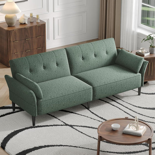 89” Futon Sofa Bed, Linen Comfy Futon Couch Bed with 2 Square Pillows, Convertible Sleeper Sofa with Adjustable Backrest& Armrests, Modern Loveseat Sleeper for Living Room, Bedroom, Green