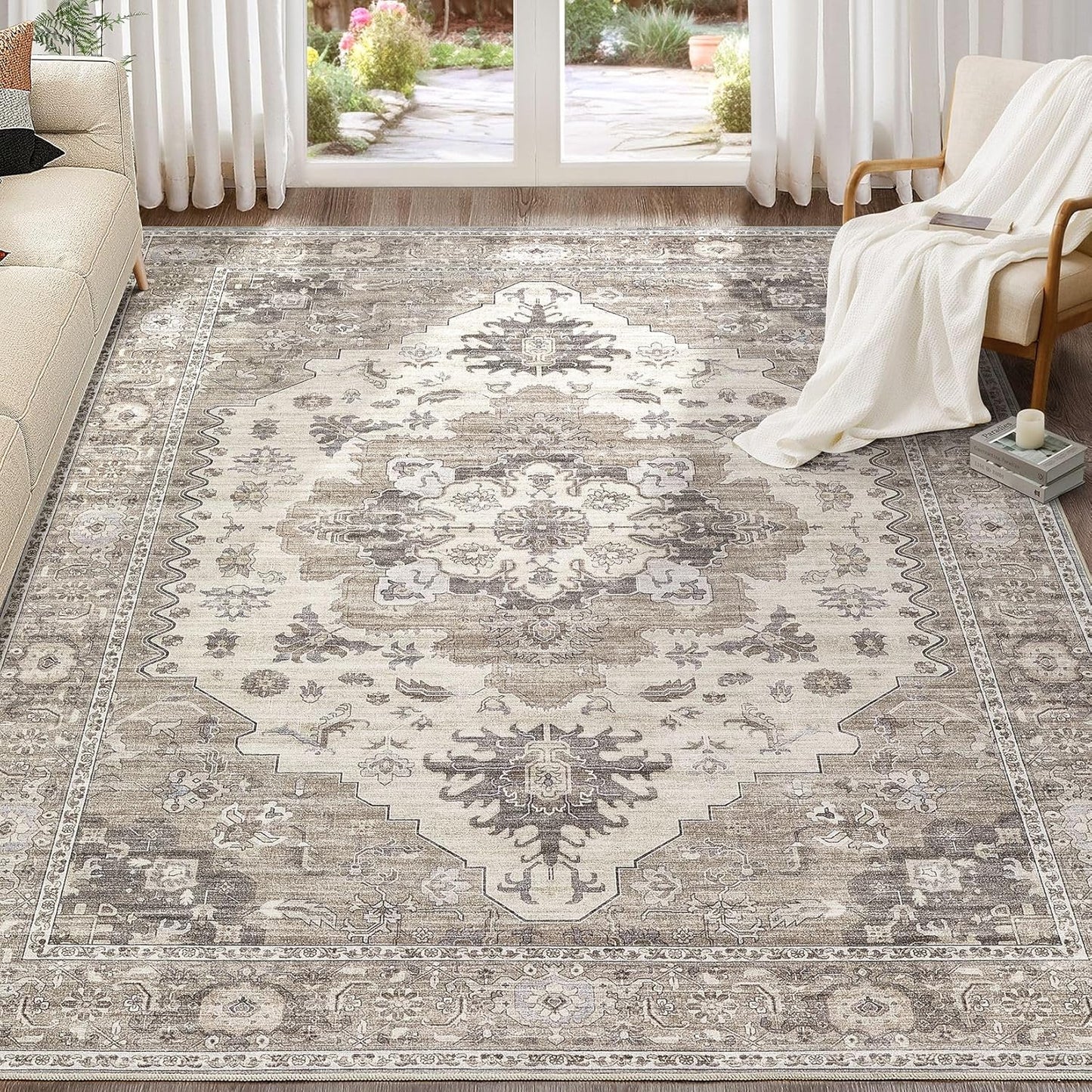 Washable Area Rugs for Living Room - 7x9 Neutral Vintage Distressed Floral Farmhouse Boho Large Soft Floor Rug Indoor Non Slip Carpet for Living Room Bedroom Dining Room Office -Brown/Beige