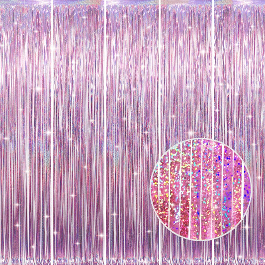 GOER 3.2 ft x 8.2 ft Metallic Tinsel Foil Fringe Curtains Party Photo Backdrop Party Streamers for Birthday,Graduation,New Year Eve Decorations Wedding Decor(5 Packs,Laser Pink)
