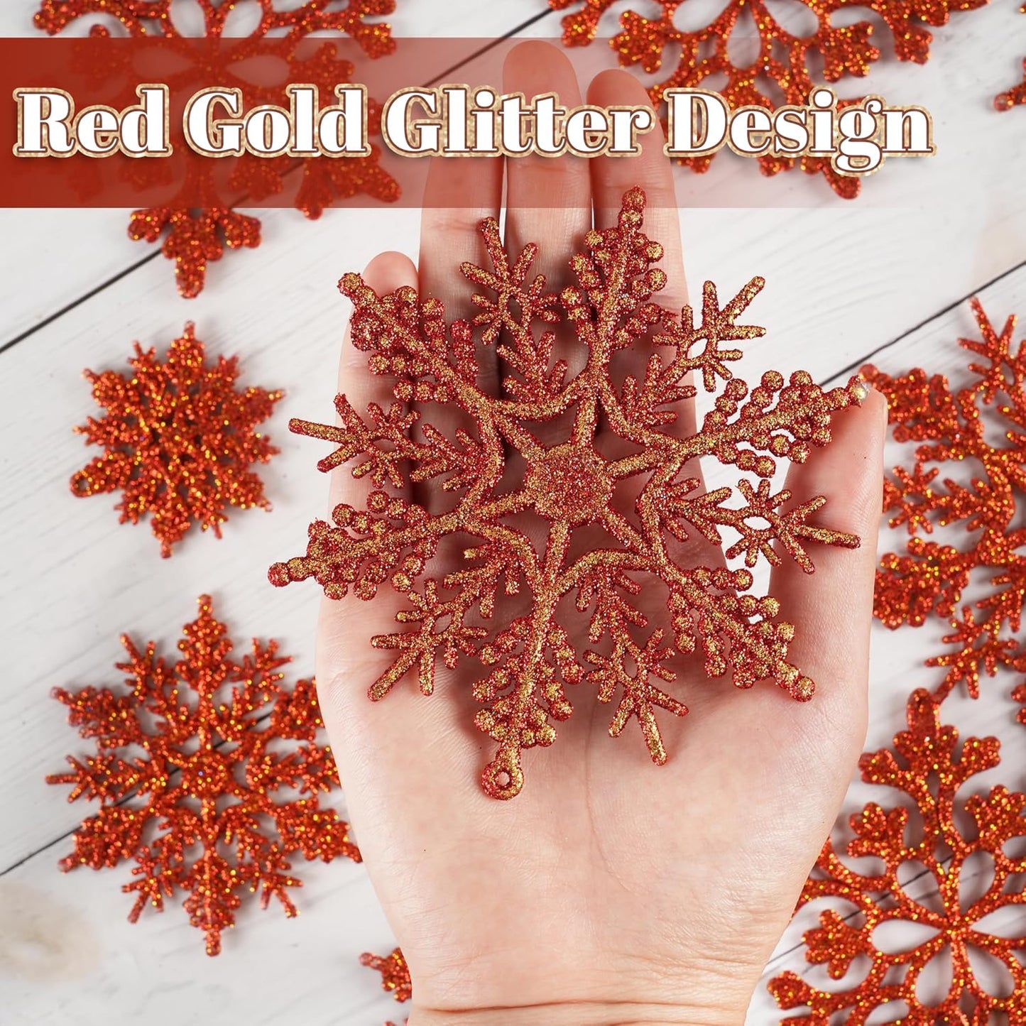 36pcs Snowflakes-Christmas Tree Decorations, Snowflake Ornaments for Tree, Plastic Glitter Red Gold Snow Flakes Ornaments, Christmas Indoor Winter Wonderland Frozen Birthday Party Holiday Home Decor