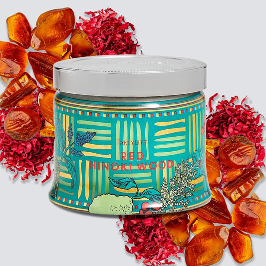 PartyLite 3-Wick Jar Candle, Highly Fragranced Clean Burning Glass Candle, 25-45 Hours Burn Time (Red Hinoki Wood)