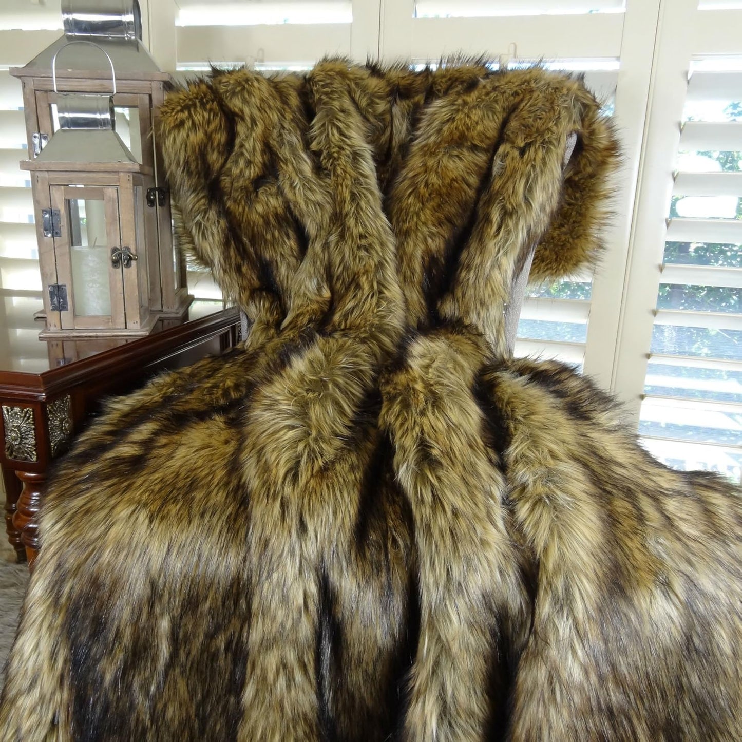 Brown Fur Throw Blanket and Bedspread - Brown Wolf Faux Fur - Light & Dark Brown Faux Fur - Luxury Throw Blanket & Bedspread, Made in USA, 16406