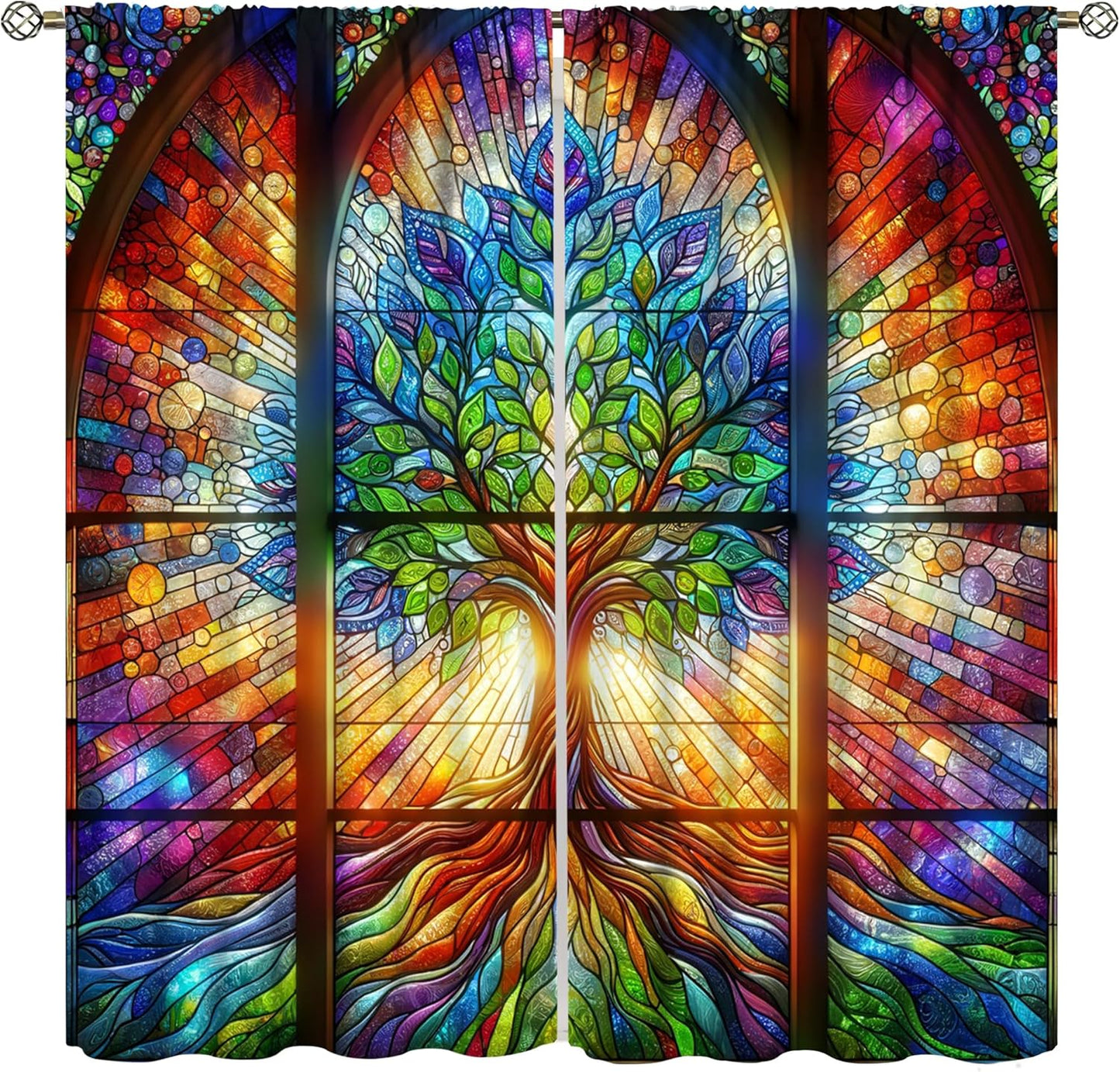 Stained Glass Curtains,Tree of Life Colorful Abstract Art Home Decor Drapes for Bedroom Living Room Kitchen Window Treatment 2 Panels Set Total Size 42" W X 45" L Inch