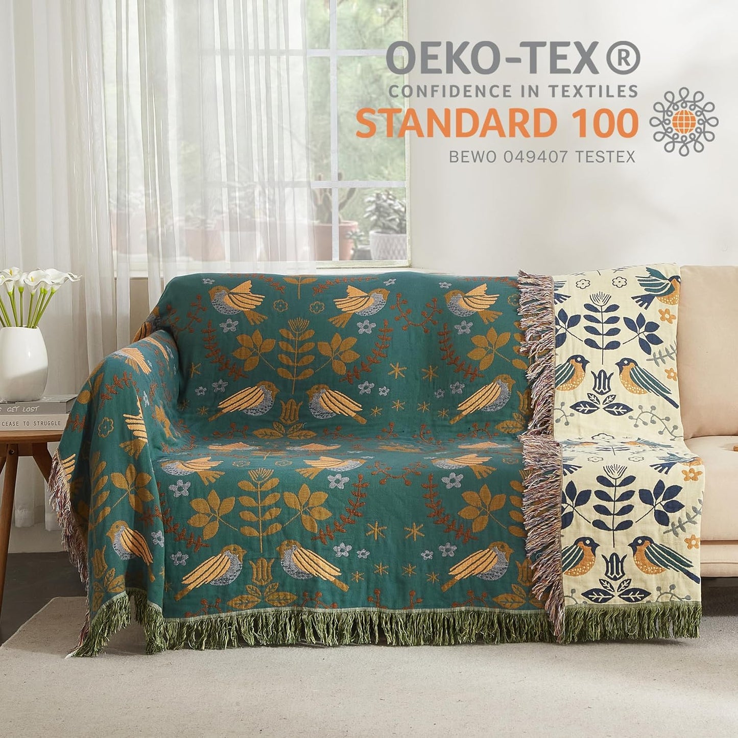 Boho Throw Blanket for Bed 90”x98”, 100% Cotton Woven Blanket for Couch Sofa, Ultra Soft 4-Layer Muslin Quilt with Bird Floral Printed, Farmhouse Bed Blanket/Cover for Living Room Decor