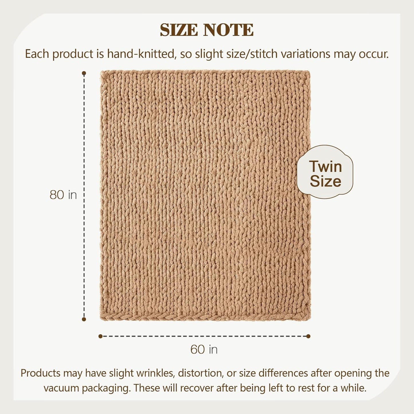 Carriediosa Chunky Knit Throw Blanket 60" X 80" Twin, 100% Hand Made Large Chenille Loop Yarn Soft Fluffy Throws for Couch Sofa Bed, Big Crochet Cozy Heavy Thick Cable Woven Blankets, Tan Brown