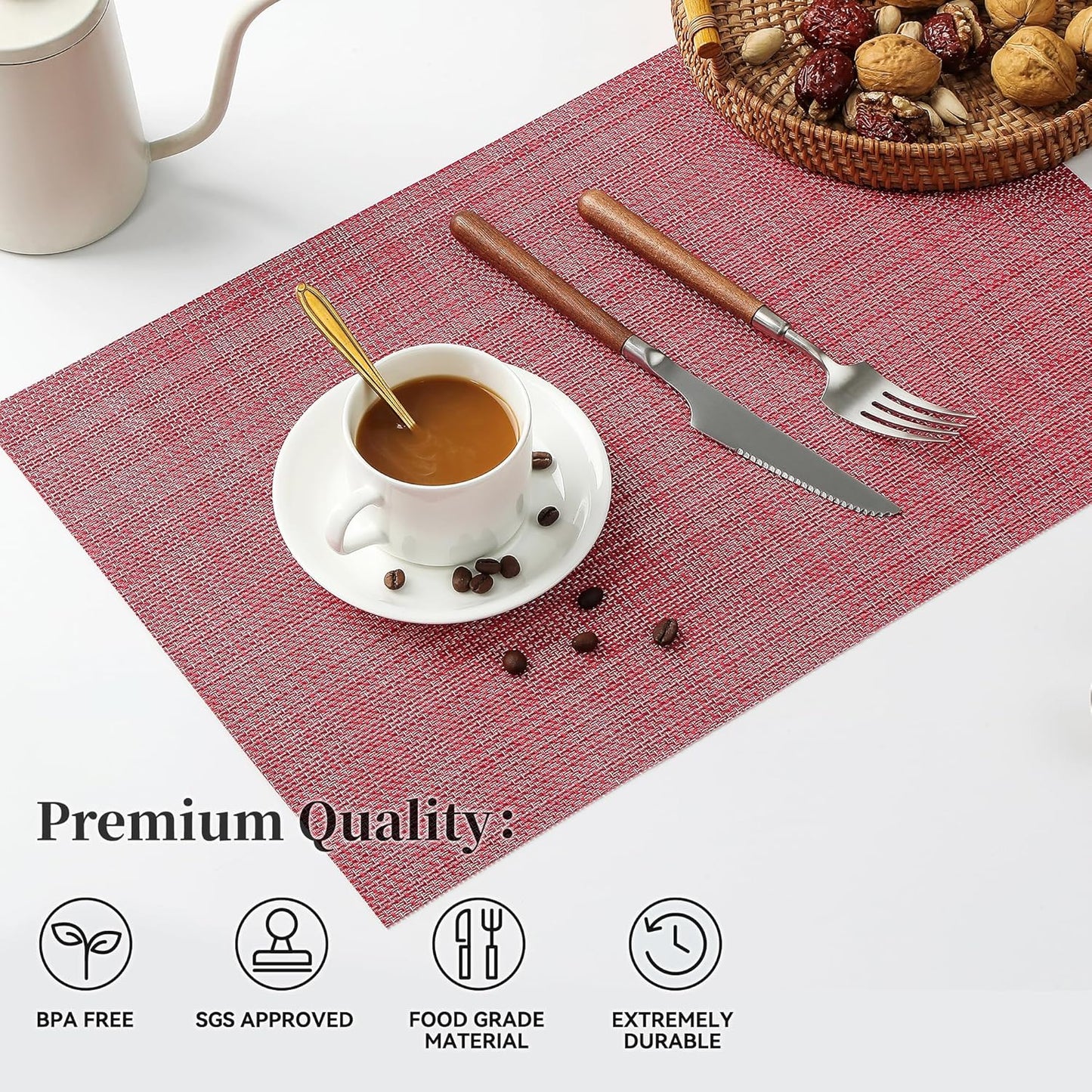 Leetaltree Red Placemats Set of 6 - Heat Resistant Non-Slip Place mats for Dining Table, Washable Durable PVC Vinyl Woven Table Mats（Red, 6）