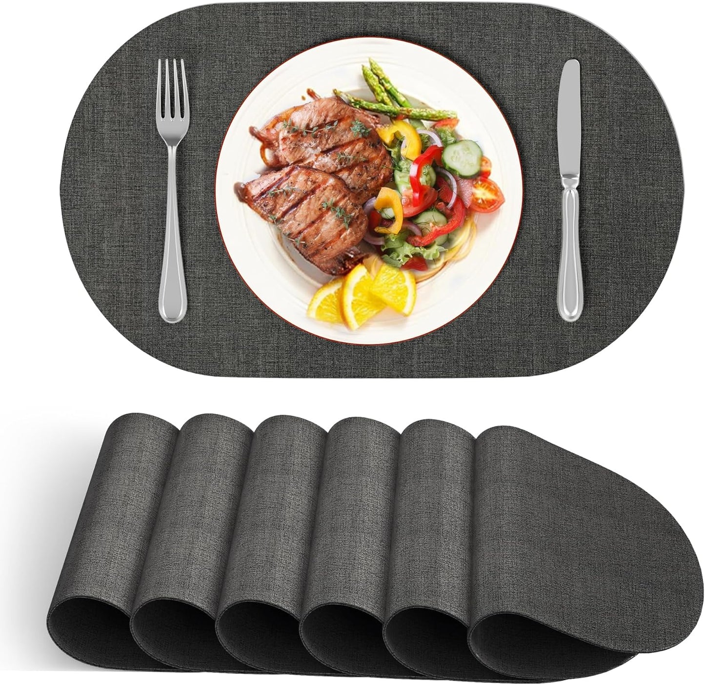 DOLOPL Placemats Set of 6, Oval Large Place Mats for Kitchen Dining Room Table Decorations, Faux Leather Anti Slip Waterproof Dining Table Place Mats for Indoor & Outdoor Use(13.8"x21.6")