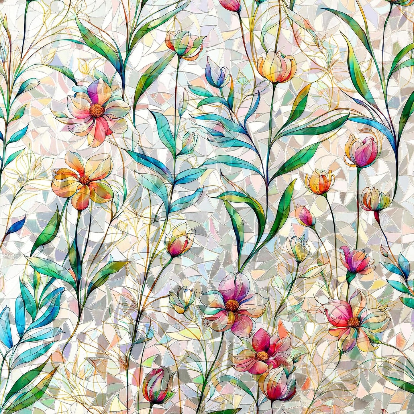 Rainbow Window Privacy Film 3D Floral Decorative Stained Glass Window Film Anti UV Non-Adhesive Reusable 17.5" x 157.4" for Home Room Car Glass Cling