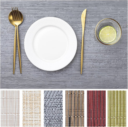 LEXMORE Placemats Set of 4 Vinyl/Plastic Woven Place Mats for Kitchen Table Indoor/Outdoor Washable Placemat Wipeable Dining Table Mats(Ombre Gray)