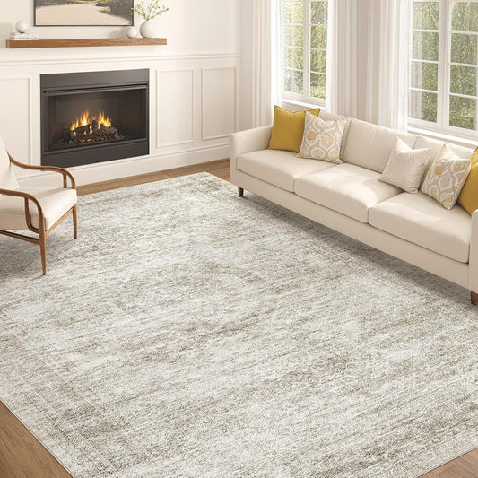 Washable Area Rugs for Living Room -10x14 Neutral Vintage Distressed Floral Farmhouse Boho Large Soft Floor Rug Indoor Non Slip Carpet for Living Room Bedroom Dining Room Office-Beige