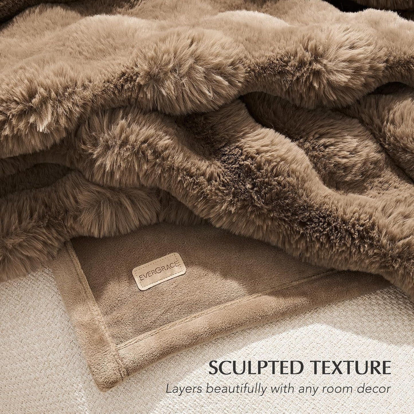 EVERGRACE Ultra Soft Luxury Fluffy Ridgeline Faux Rabbit Fur Throw Blanket, Thick Warm Fuzzy Blankets for Bed, Cozy Plush Reversible Blanket for Couch, Chair, Sofa, Natural Tan, 60x80 Inches, 870 GSM