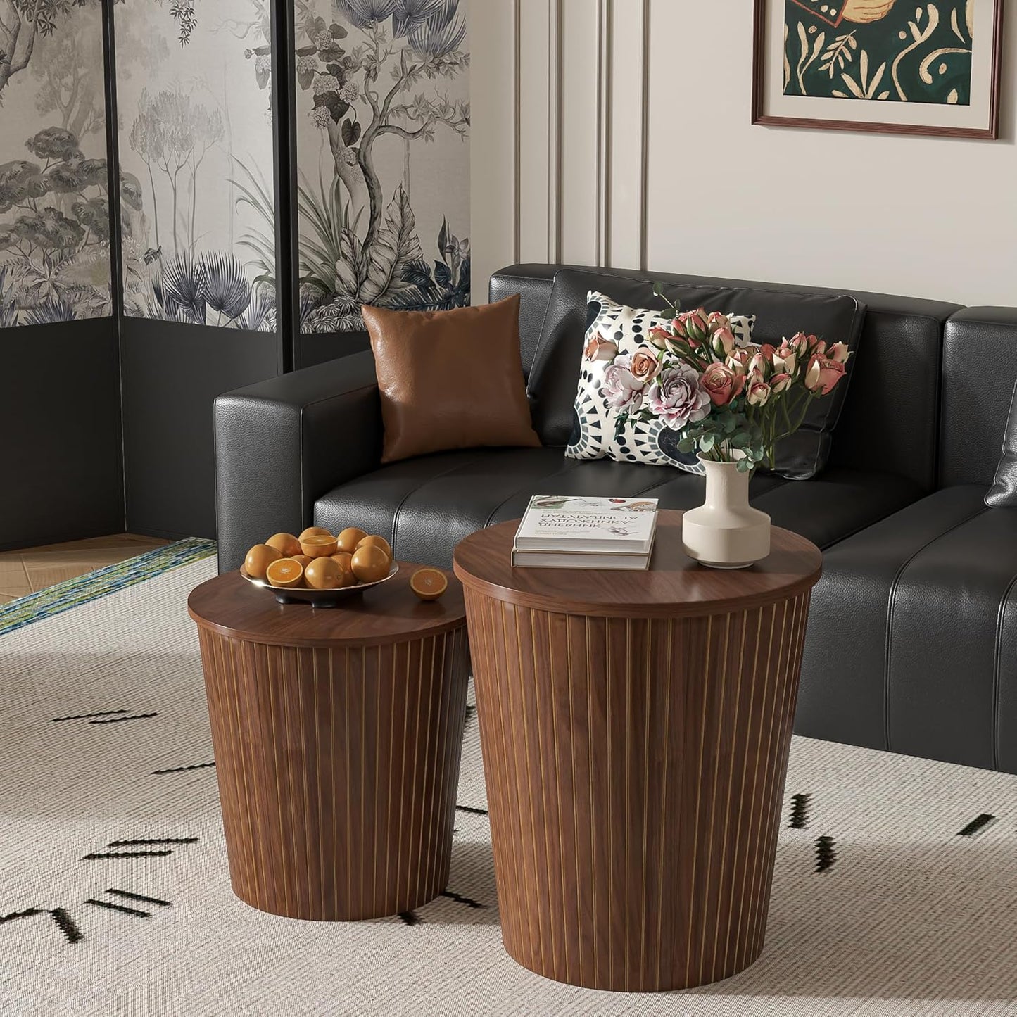 Round Coffee Table Set,2-Piece Modern Farmhouse Living Room End Table Set, Nesting Table Round Natural Finish for Living Room (Walnut, 17.72'')