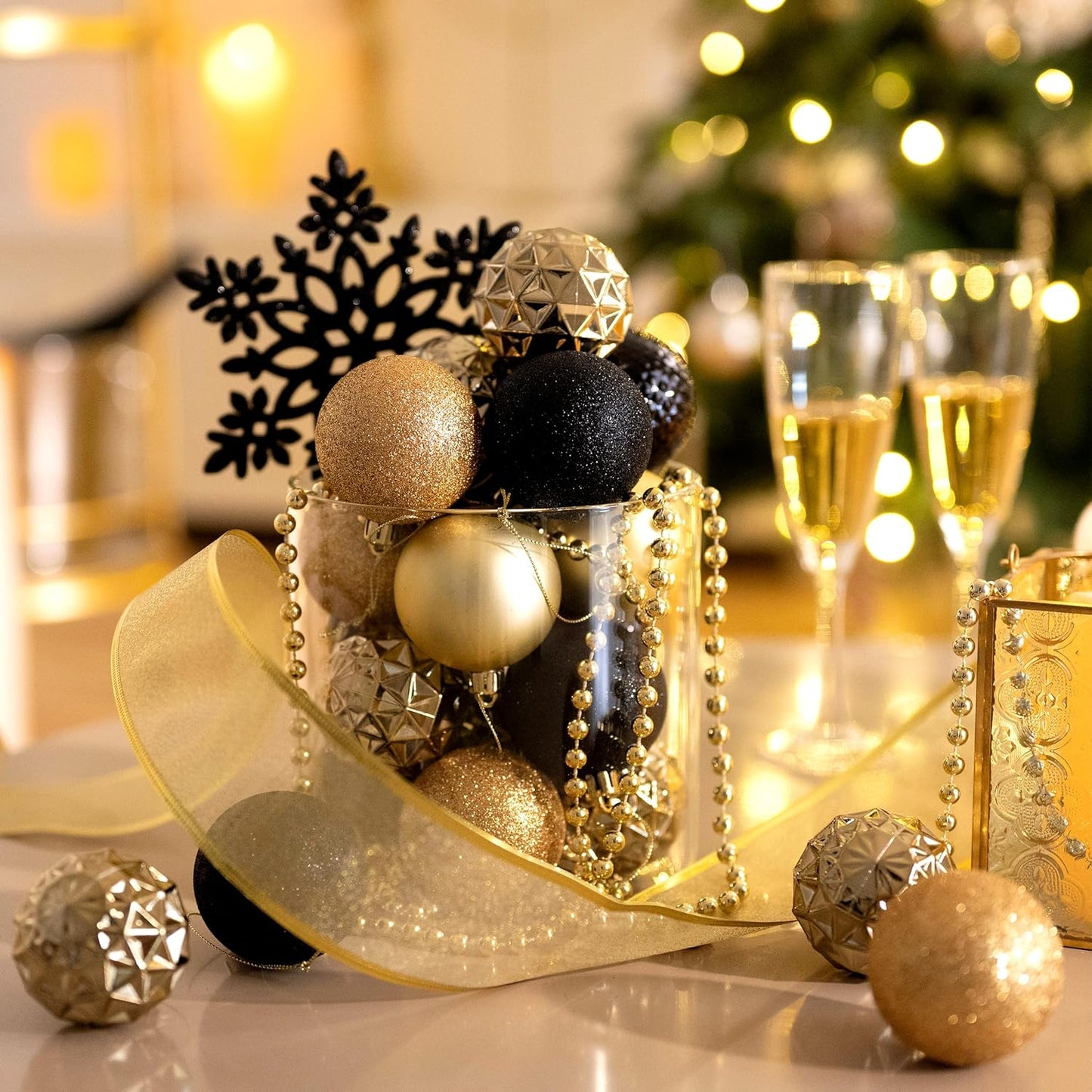 Valery Madelyn Christmas Tree Decorations Ornament Set for Fall Halloween, 50ct 2 Inches Black and Gold Shatterproof Christmas Ball Ornaments Hanging Xmas Holiday Party Decor