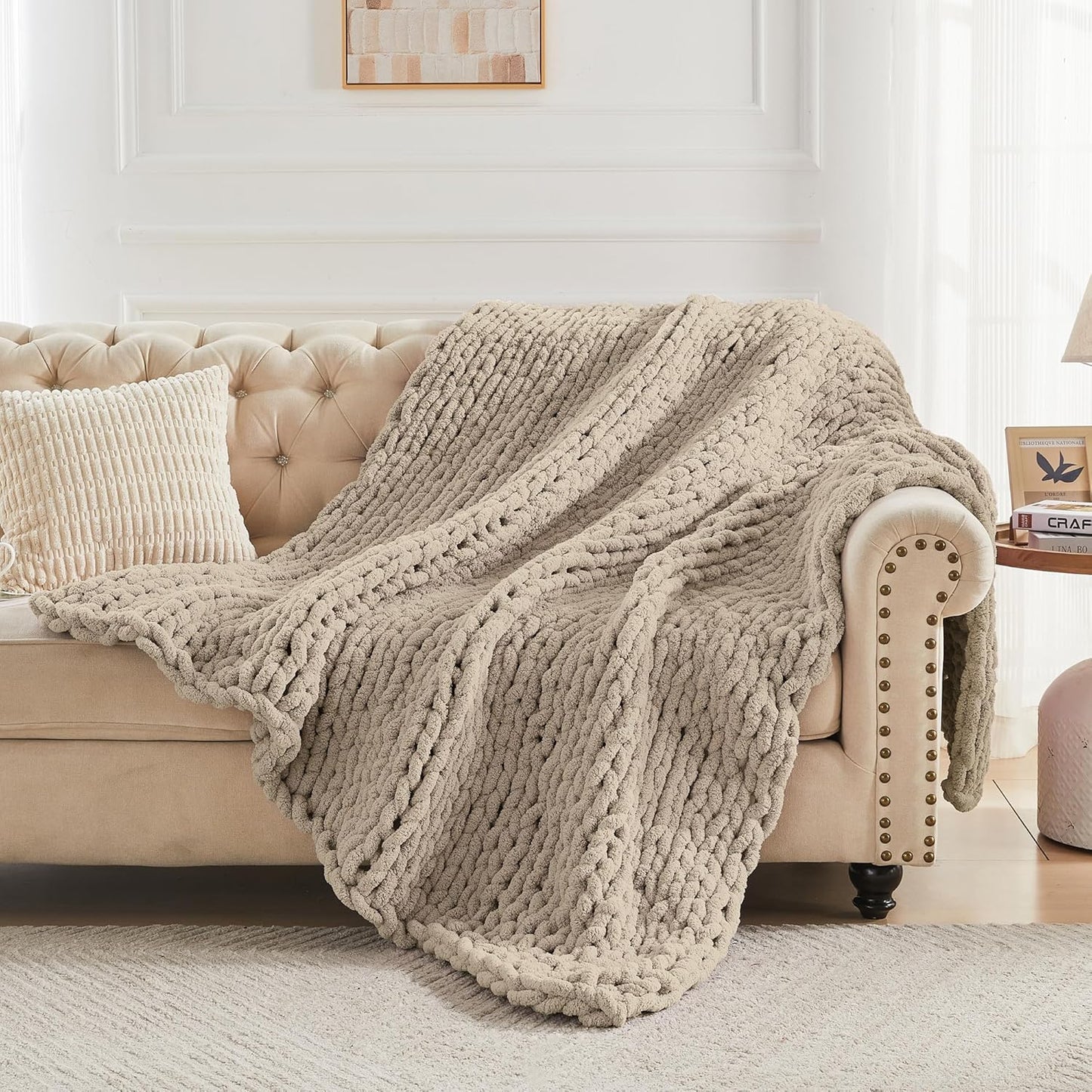 Carriediosa Chunky Knit Throw Blanket 60" X 80" Twin, 100% Hand Made Large Chenille Loop Yarn Soft Fluffy Throws for Couch Sofa Bed, Big Crochet Cozy Heavy Thick Cable Woven Blankets, Taupe