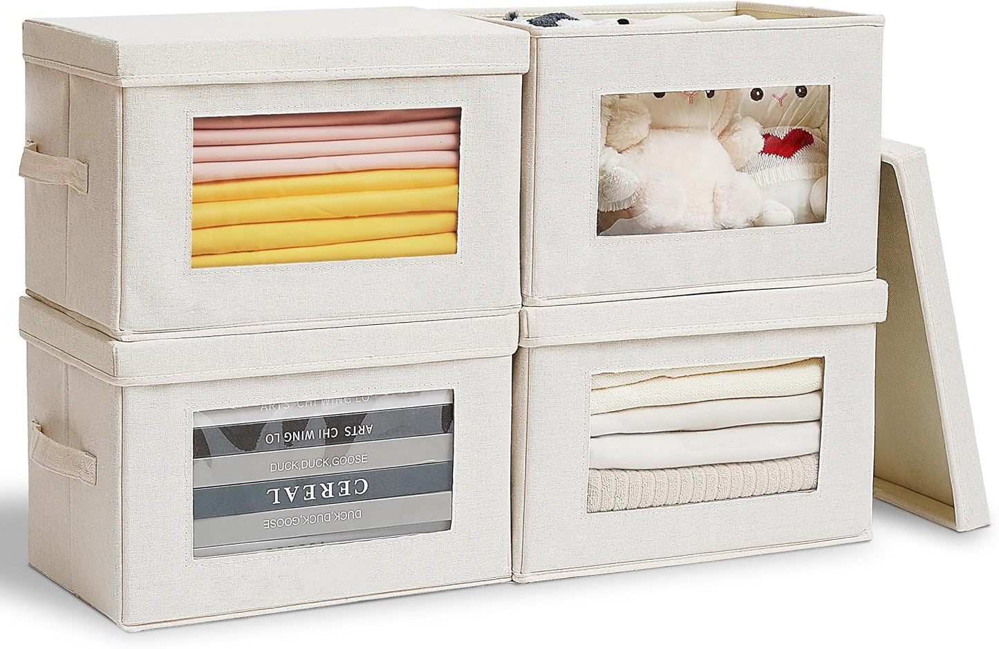 Citylife 4-Pack Storage Bins with Lids, Fabric Foldable Storage Bins with Soft Cord Handles, Cube Closet Storage Baskets with Lids, Organizers for Organizing Clothes and Books, Beige