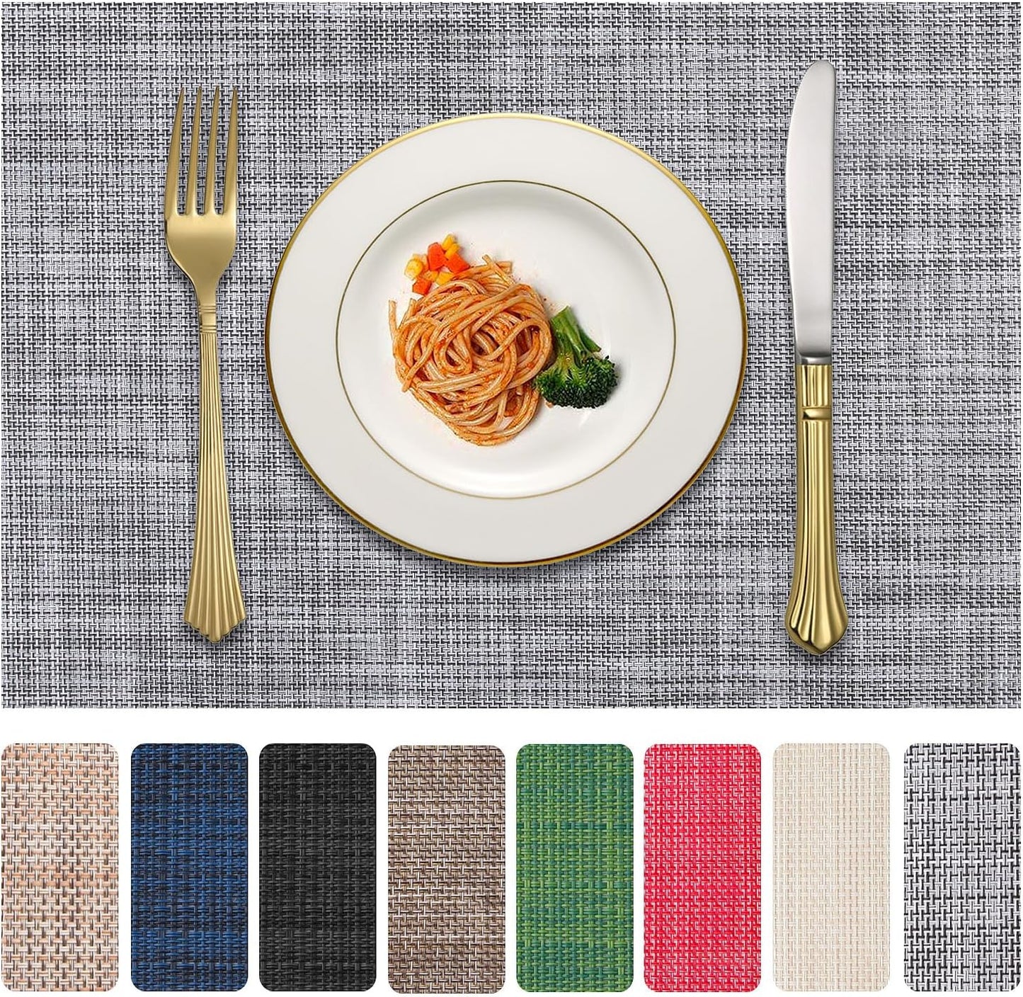 Vinyl Placemats Set of 6, PVC Woven Washable Non-Slip Table Mats, Heat Resistant Wrinkle Free Place Mats for Dining Table, Easy to Clean (6, Light Grey)