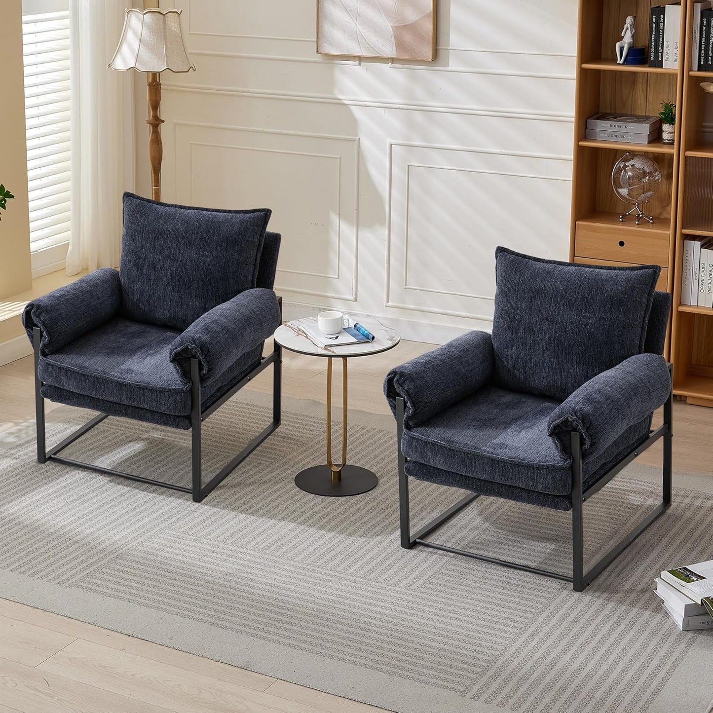 YISHENG Accent Chair with 6-Angle Adjustable Backrest, Chenille Fabric Living Room Chair Upholstered Lounge Chair, Modern Chair Cozy Reclining Chair for Reading Room, Set of 2 Dark Blue