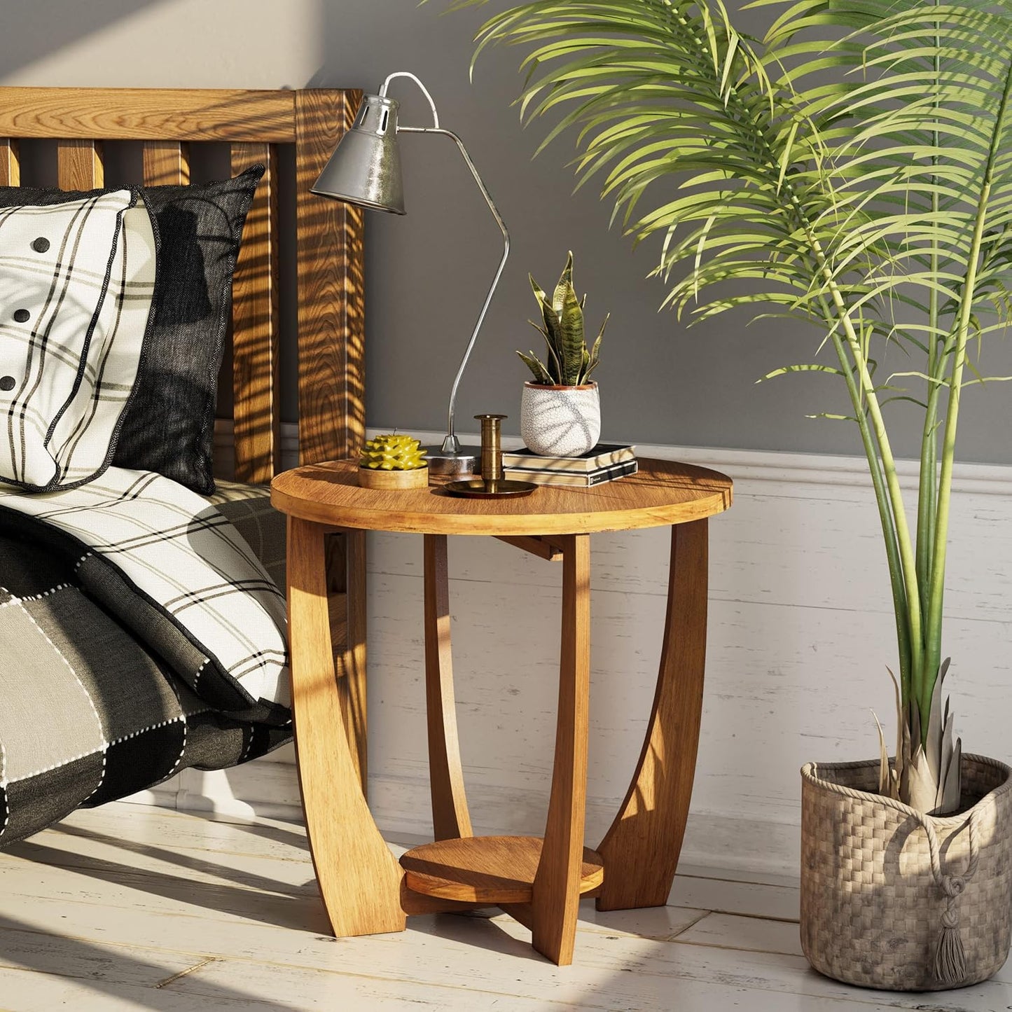 Rustic Farmhouse End Table with Storage Shelf, French Country Accent Side for Family, Dinning or Living Room, Small Spaces, Modern, Round, Vintage Caramel Brown Finish