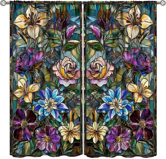 Stained Glass Curtains,Retro Colored Glass Flowers Art Home Decor Drapes for Bedroom Living Room Kitchen Window Treatment 2 Panels Set Total Size 42" W X 45" L Inch