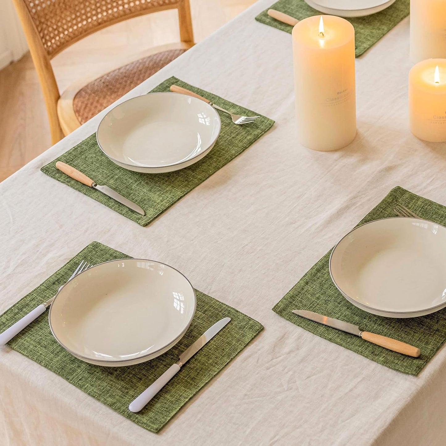 Home Brilliant Linen Cloth Placemats Set of 6 Heat Resistant Dining Table Place Mats Kitchen Washable Dining Mats for Dinner Decor, Green