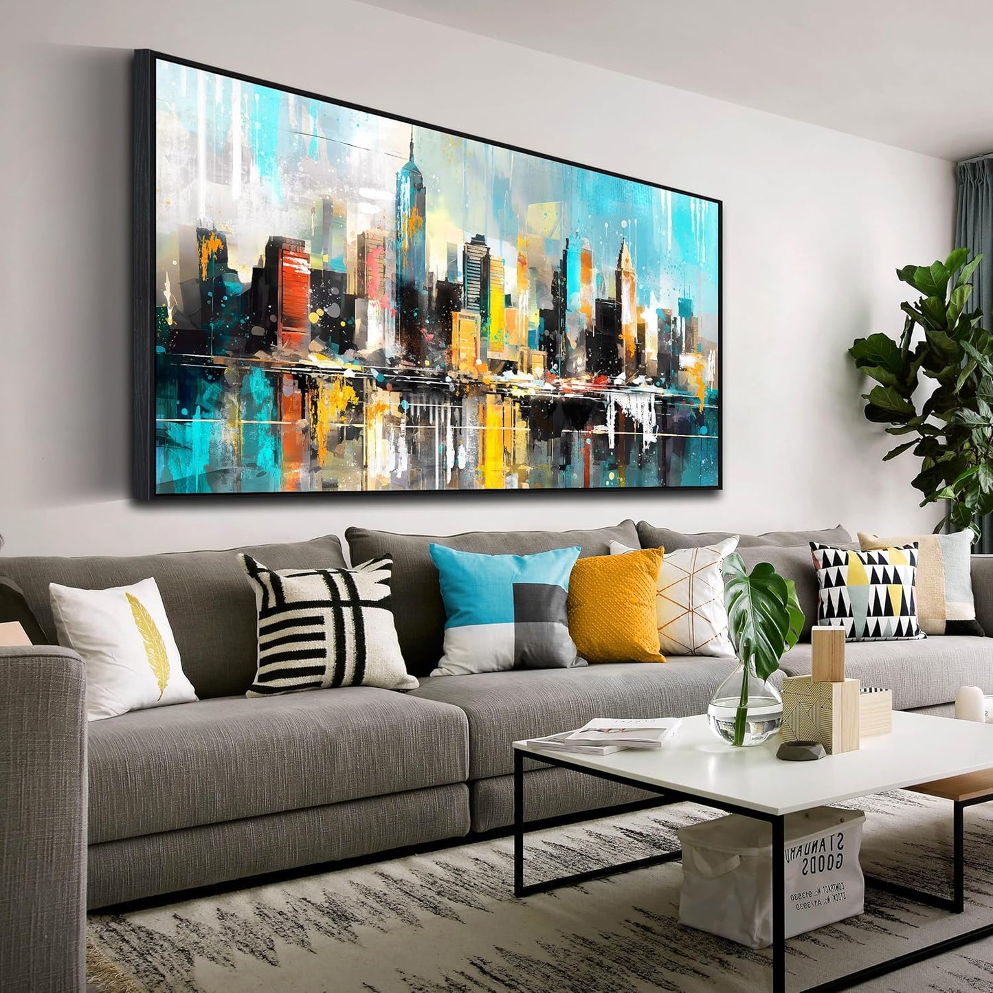 LAOTOART Cityscape Abstract Wall Art for Living Room - Blue Wall Decor - Modern Wall Art Framed Ready to Hang Size 29" x 59"