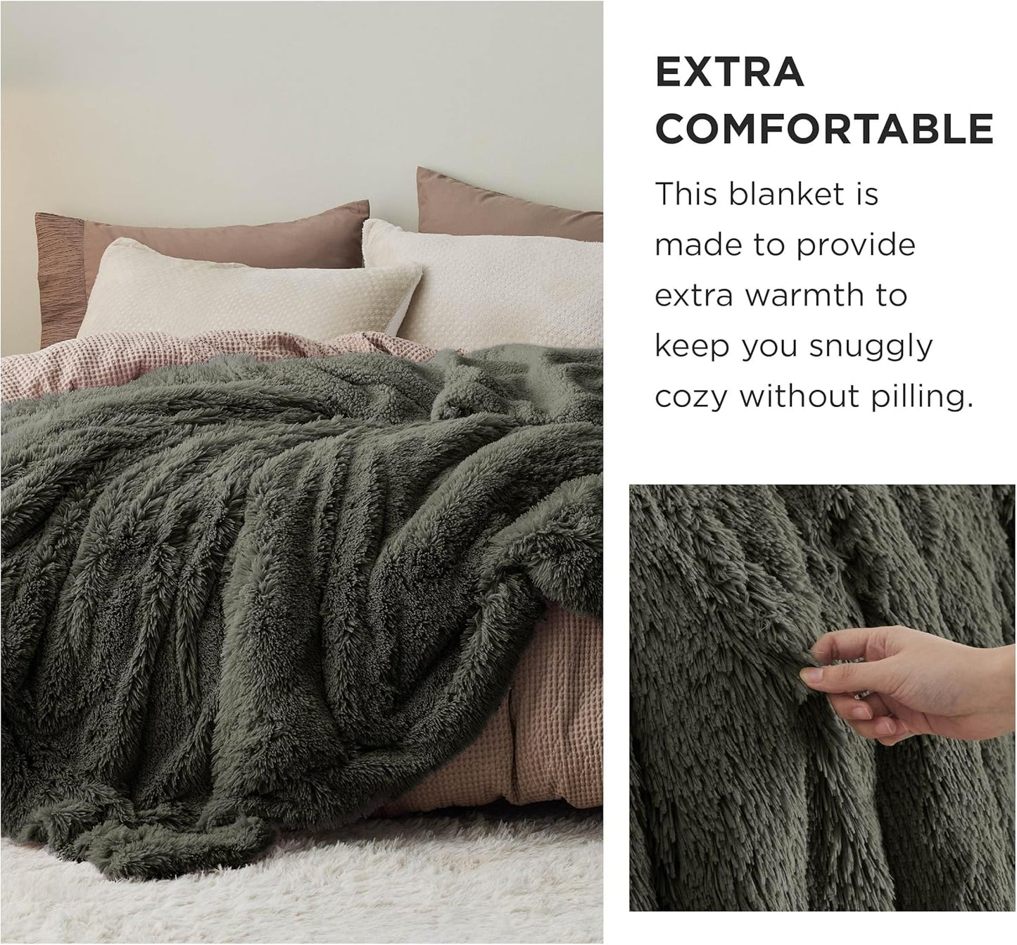Bedsure GentleSoft Fluffy Olive Green Blankets Queen Size for Bed, Thick Sherpa Faux Fur Fleece Fuzzy Plush Winter Warm Soft Queen Blankets, Bedroom Olive Green Decor Cozy Gifts for Women Men, 90x90