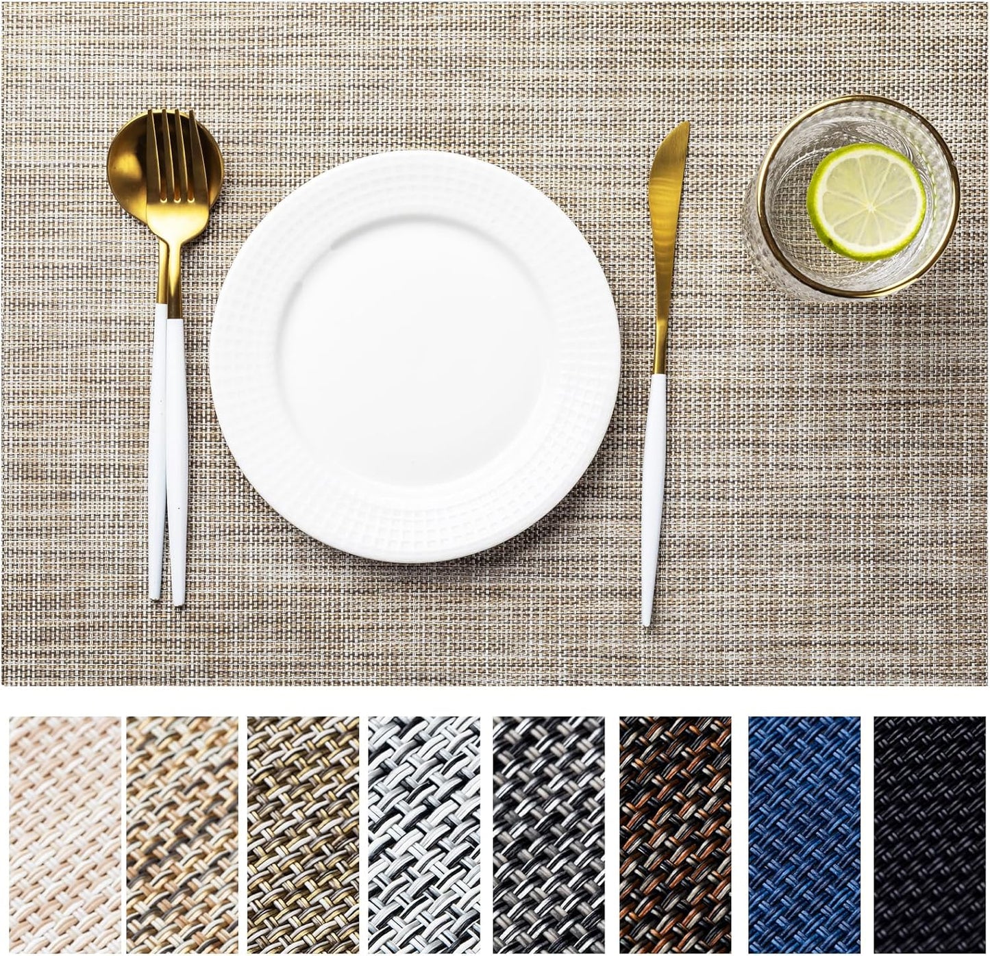 LEXMORE Placemats Set of 8 Vinyl/Plastic Woven Place Mats for Kitchen Table Indoor/Outdoor Washable Placemat Wipeable Dining Table Mats(Caramel)