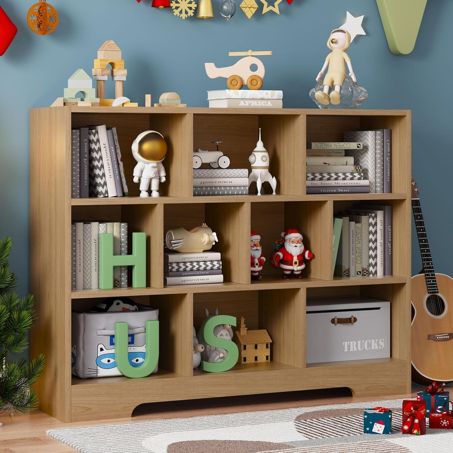 Book Shelf Set of 2, 10 Cubes Storage Organizer, 3-Tier Open Bookshelf Wooden Bookcase, Freestanding Log Bookshelf Cube Shelf for Bedroom, Living Room, Home Office