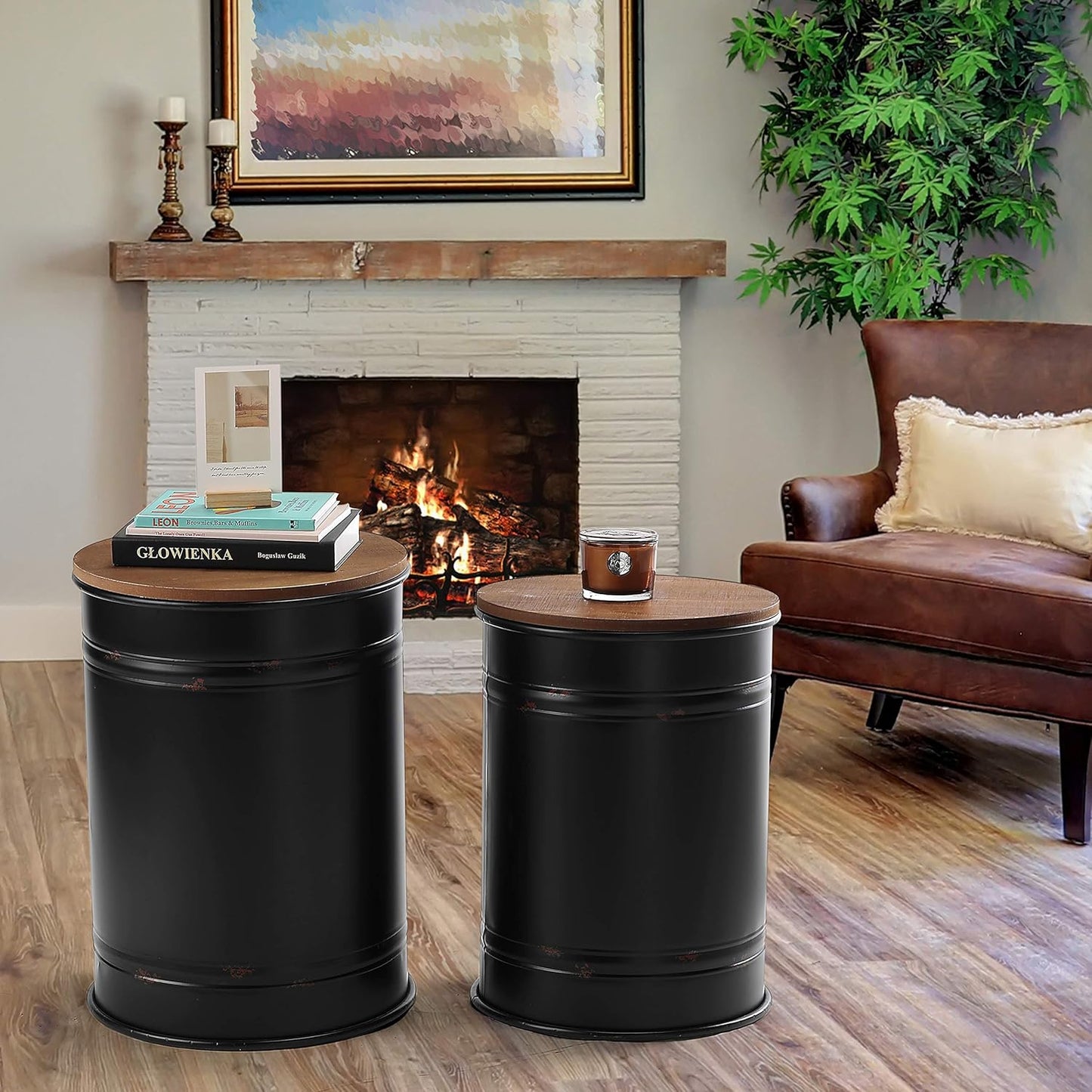 Rustic Storage Ottoman Seat Stool, Farmhouse Accent Side Table, Antique Galvanized Metal End Table Box Bin with Round Wooden Lid Set of 2 (Black)