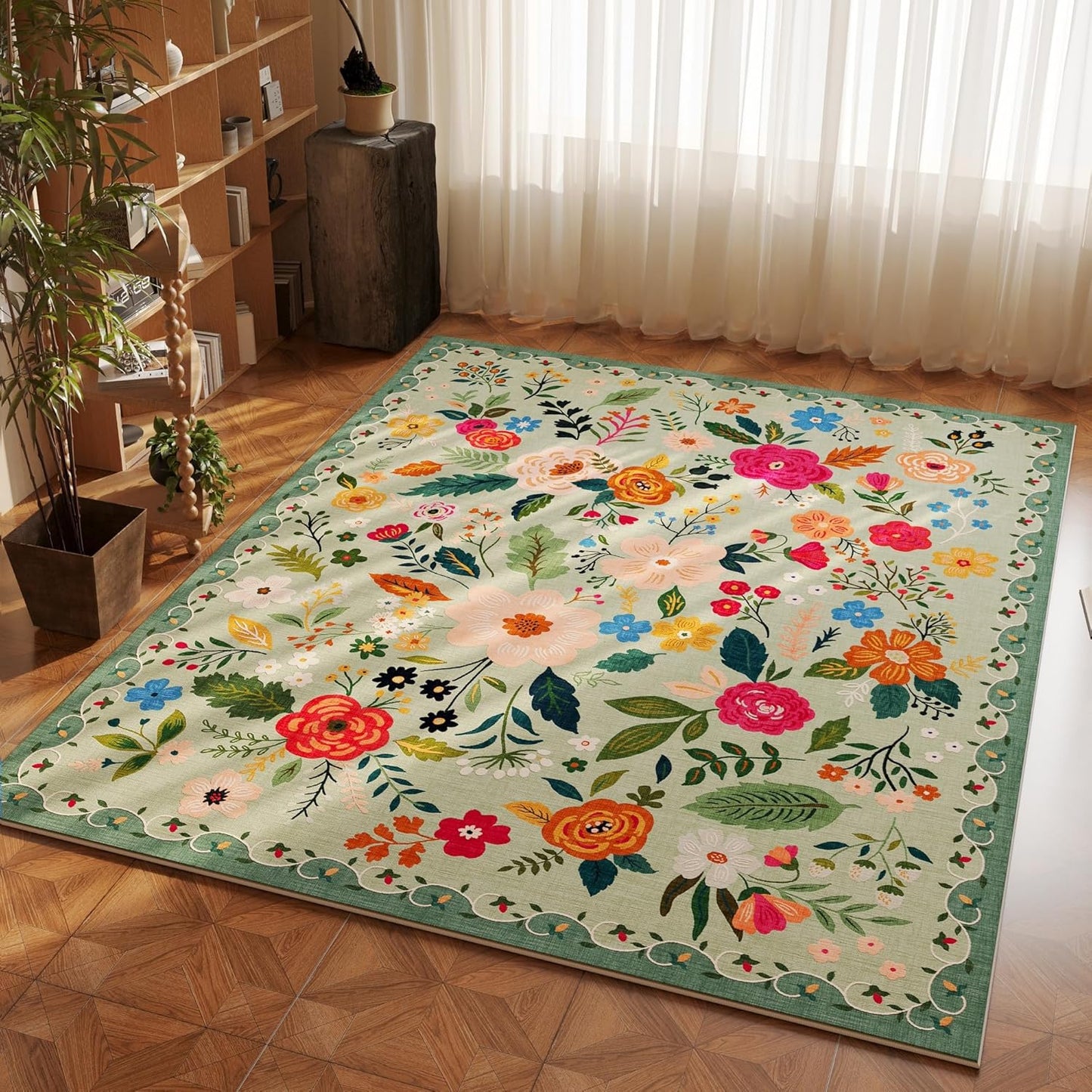 Bedroom Rug 3x5 Rug Washable Area Rug Non Slip Low Pile Boho Floral Small Carpet for Bedroom, Bedside, Kitchen, Entryway, Kids Room, Office, College Dorm Essentials for Girls(Green)