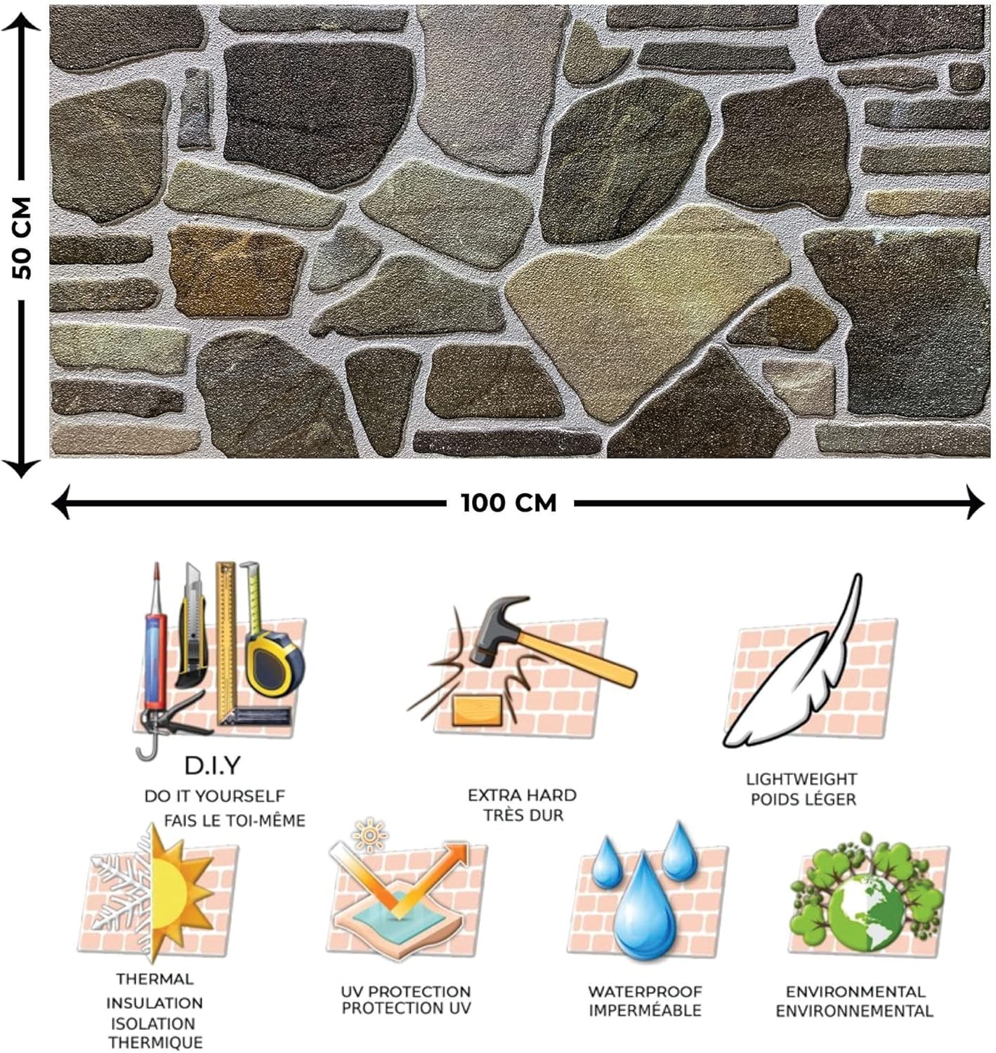 Dundee Deco 3D Wall Panels - Cladding, Charcoal Green Beige Stone Look Wall Paneling, Styrofoam Facing for Interior and Exterior Applications, DIY, Set of 5, Covers 27 sq ft