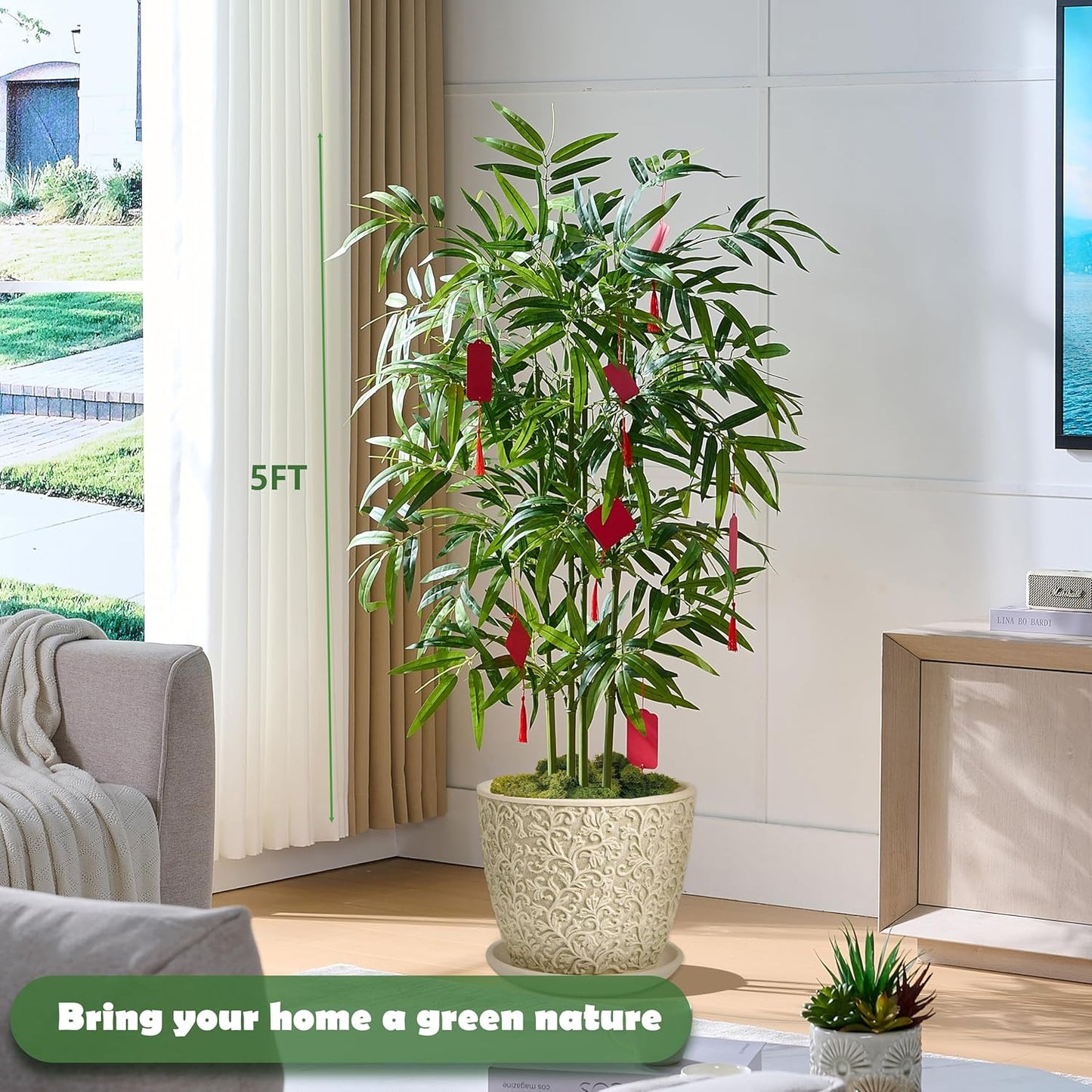 Artificial Bamboo Tree 5FT Tall Fake Plants Faux Silk Plant, Faux Bamboo Plant for Home Office Indoor Outdoor Decor Artificial Trees with Tall Planter