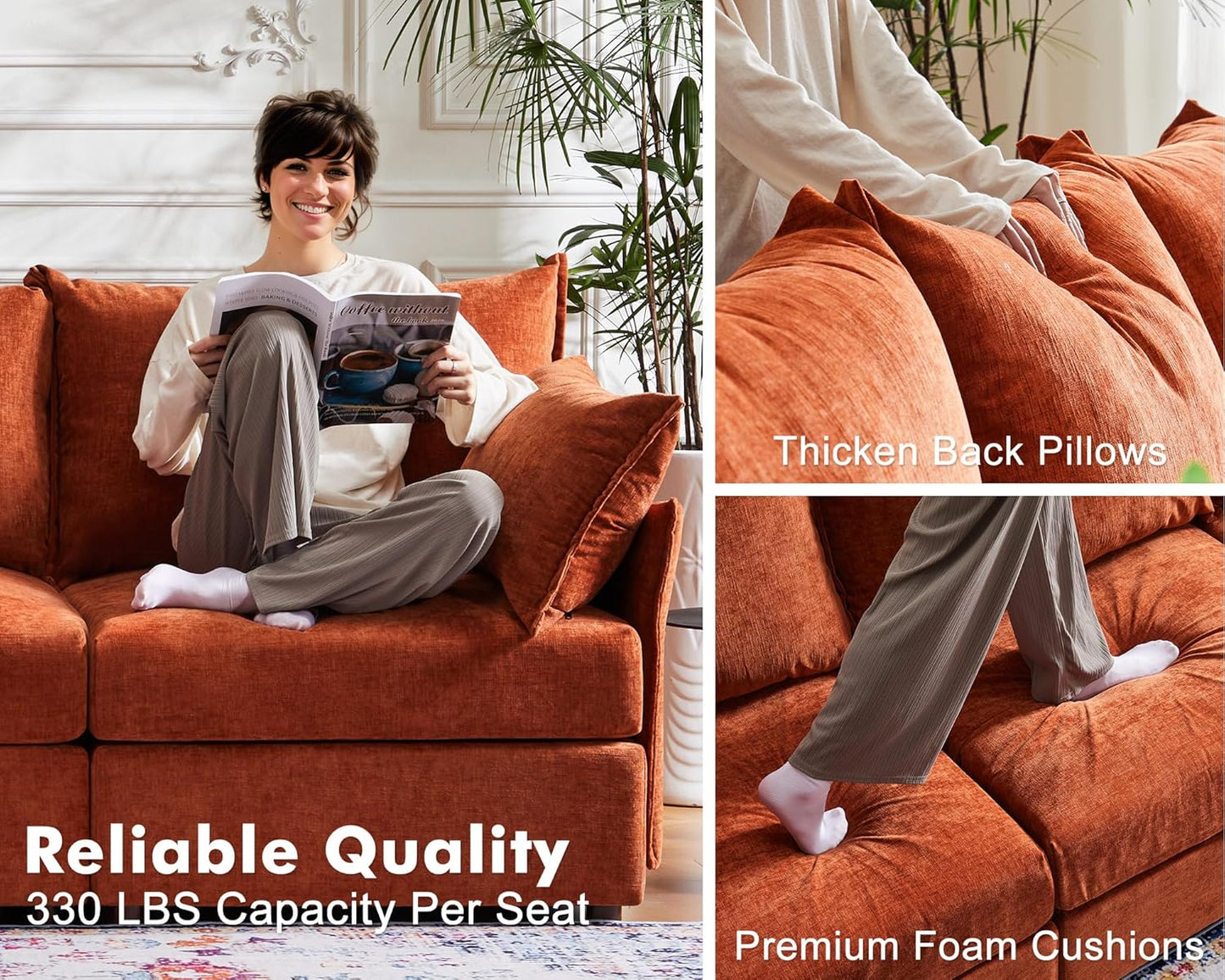 102.6" Luxury Modular Sleeper Sofa Bed 6 Seat Reversible Sectional Couch Deep Seat with Storage Chaises Removable Cover for Living Room, Apartment - Chenille Terracotta Orange