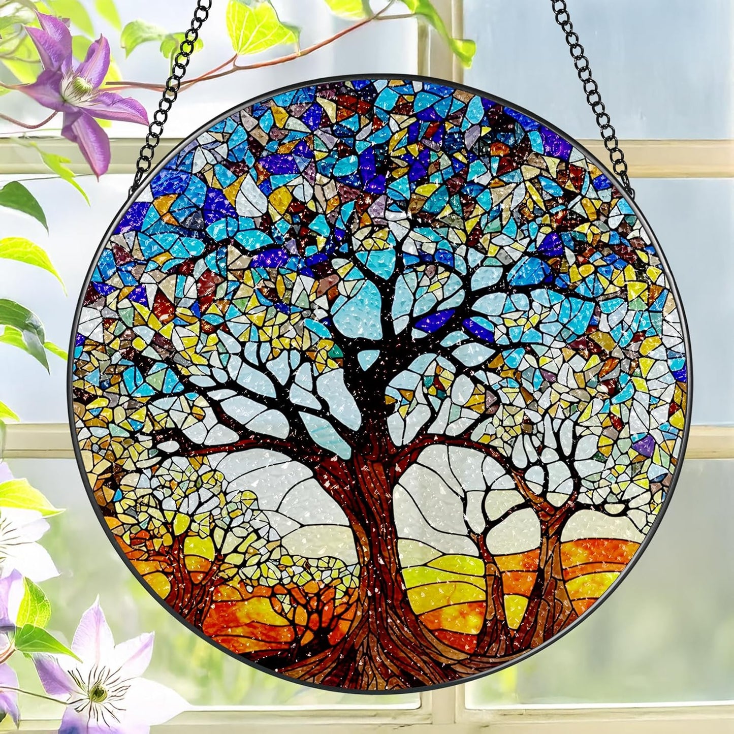 Stained Glass Window Hanging, LAOWEIKI 8'' Tree of Life Suncatcher, Stained Glass Ornament, Suncatchers for Windows Hanging, Window Decor, Outdoor or Indoor, Gifts for Women, Lovers, Couple, Friends