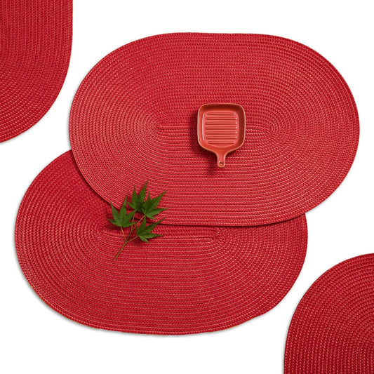 AHHFSMEI Placemats Set of 4 for Dining Table Washable Woven Vinyl Non-Slip 18x12 inches Placemat Heat-Resistant Durable Table Mats for Dining Table Easy to Clean (Oval red, 4)