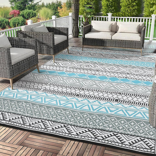 GAOMON Outdoor Plastic Straw Rug, 10'x14' Reversible Sage Green Patio Mat, Flower Modern Design for RV, Backyard, Deck, Camping, Picnic, Blue/Grey(Bohemia)