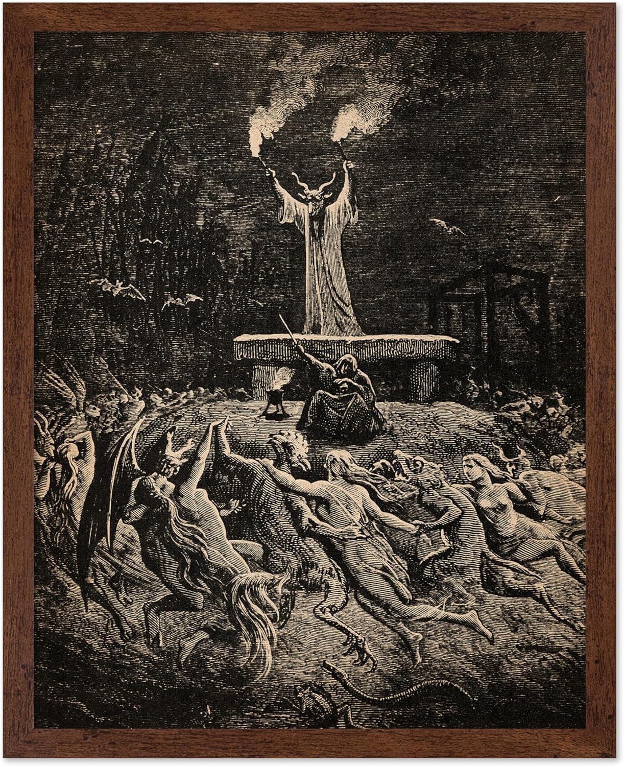 Poster Master Vintage Gustave Dore Poster - Retro Illustration Print - Gift for Gothic, Horror Fan - Dance of Sabbath, Witch, Magic, Spell - Wall Decor for Bedroom, Dorm, 8x10 Brown Framed