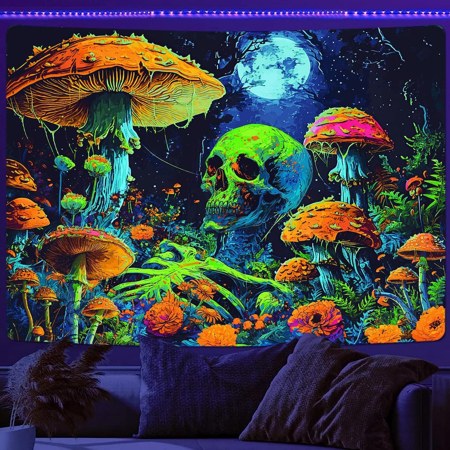 Xiaoput Blacklight Skull Tapestry, Black Light Skeleton Tapestry for Bedroom, UV Reactive Neon Gothic Tapestry for Men, Glow in Dark Trippy Forest Tapestry Wall Hanging for Home Decor,70X60IN