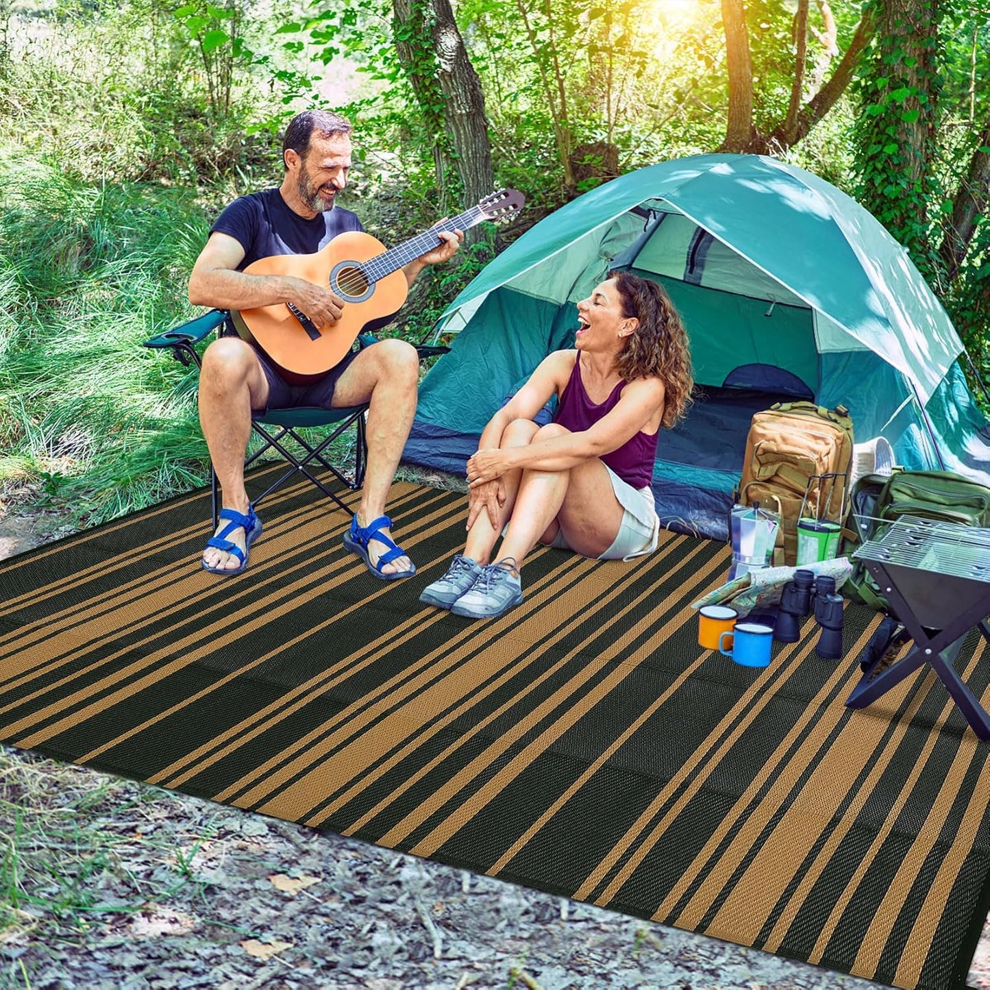 Waterproof Outdoor Rug 8x10 Contemporary Reversible Plastic Straw Rug, Easy Cleaning Striped Patio Carpet, UV-Resistant Indoor Outdoor Floor Cover for RV, Porch, Deck, Backyard, Black Brown