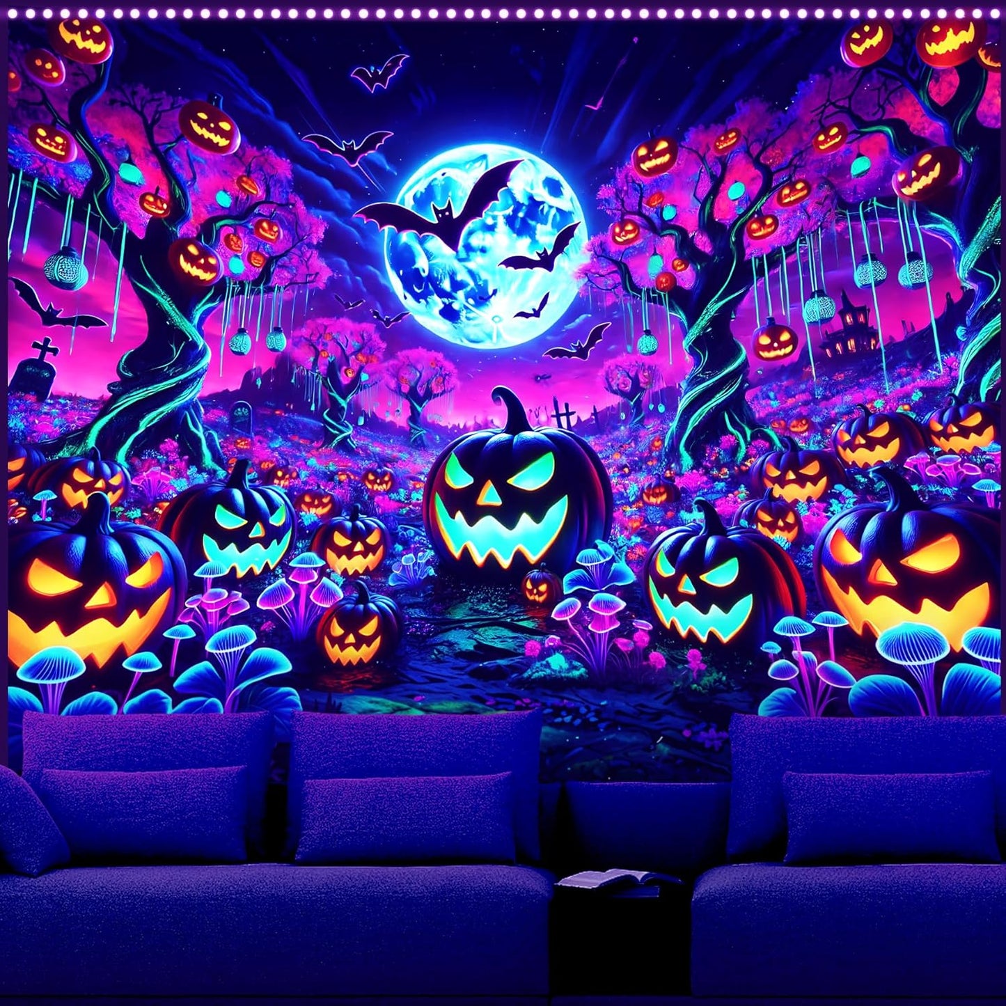 AOHMPT Glow-in-the-Dark Halloween Tapestry - UV Reactive Black Light Wall Hanging Decor for Spooky Parties, Bedroom, Living Room (Pumpkin-Bat, 79L x 59W, Unframed)