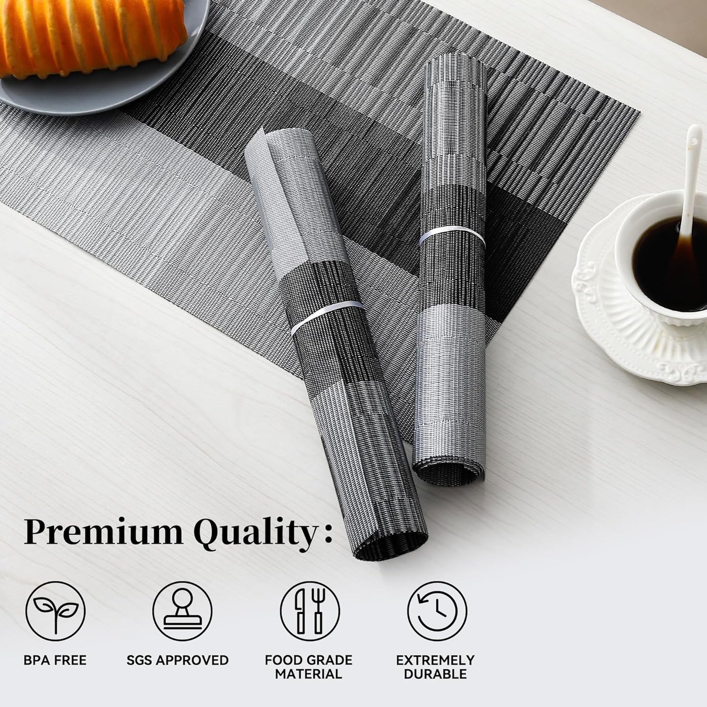 Leetaltree Grey with White Striped Placemats Set of 6 - Heat Resistant Non-Slip Place mats for Dining Table, Washable Durable PVC Vinyl Woven Table Mats（Grey Stripe, 6）